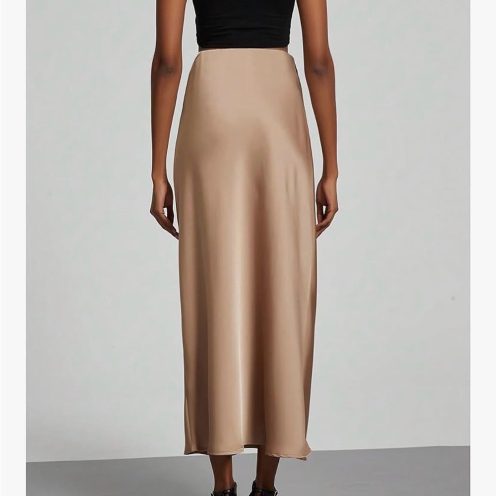 Elegant Satin Tan Midi Skirt - Picture 2 of 8